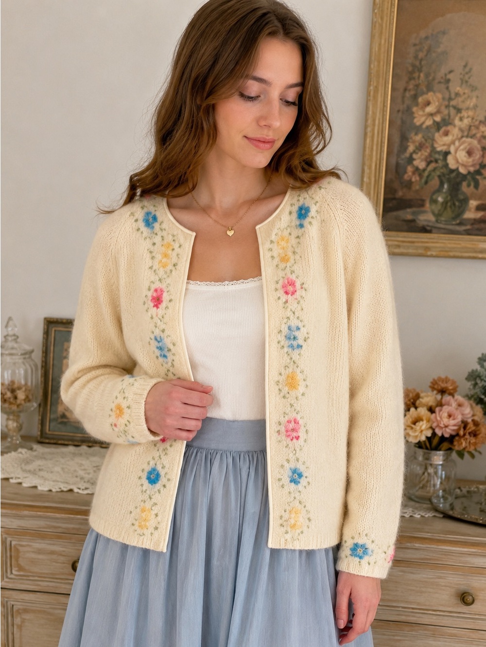 Vintage Oatmeal Floral Embroidered Cardigan Sweater Women’s Large Cottagecore